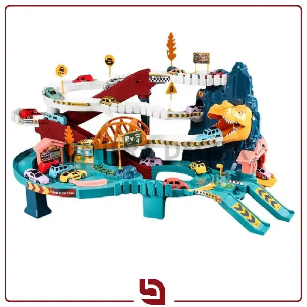 DinoRail City – Mega Pista Ferroviária com Dinossauro, Elevador, Estacionamento e 4 Carrinhos