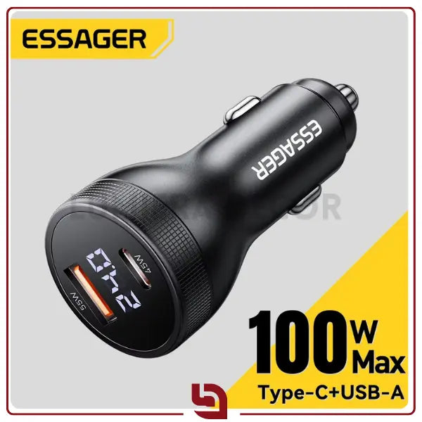 Essager SmartVolt 100W – Carregador Veicular USB-C PD 45W + Voltímetro Digital Real-Time